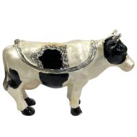 Vintage Decorated Dairy Cow Enamelled Metal Rhinestone Decorated Gift Trinket Jewellery Jewelry Box Storage Table Decoration c2000