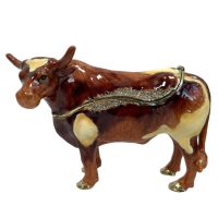 Vintage Decorated Bull Enamelled Metal Rhinestone Decorated Gift Trinket Jewellery Jewelry Box Storage Table Decoration c2000