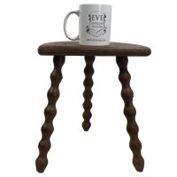 Alternative view of Vintage French Wooden Tripod Bobbin Leg Milking Stool Chair Seat Table Farm D Shaped Seat Plant Rest Stand Plinth Tabouret c1960's