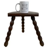 Alternative view of Vintage French Wooden Tripod Bobbin Leg Milking Stool Chair Seat Table Farm D Shaped Seat Plant Rest Stand Plinth Tabouret c1960-70's