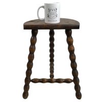 Alternative view of Vintage French Tripod Stool Chair Seat Wooden Milking Kitchen D Shaped Seat Braced Bobbin Leg Rest Stand Plinth Tabouret c1960-70's