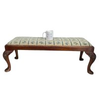 Alternative view of Vintage French Cushioned Bench Foot Stool Blue Cushion Padded Bench Wooden Wood Chair Seat Side Prop Display c1930-40's