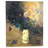 Vintage French Still Life Flowers Poppies In Vase Purple Blue White Study Oil Painting On Wood Board Signed circa 1970-80's