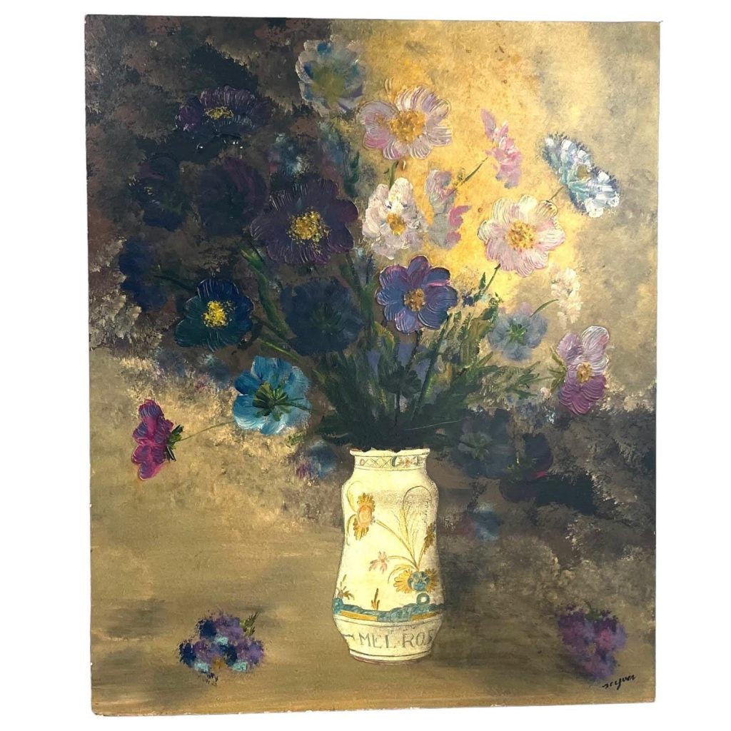 Vintage French Still Life Flowers Poppies In Vase Purple Blue White Study Oil Painting On Wood Board Signed circa 1970-80's