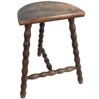Vintage French Tripod Stool Chair Seat Wooden Milking Kitchen D Shaped Seat Braced Bobbin Leg Rest Stand Plinth Tabouret c1960's