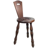 Vintage French Breton Style Wooden Wood Milking Stool Chair Seat Kitchen Table Plinth With Backrest circa 1950-60's