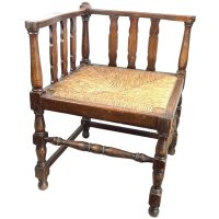 Corner Chair Vintage French Brown Wood Wooden Woven Raffia Strung Stool Display Stand circa 1940-50's