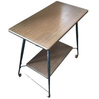 Vintage French Wheeled Serving Trolley Trolly Tray Shelved Shelving Push Bar Cart Display Shelves Wood Formica c1960-70's