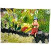 Vintage French Acrylic Painting Of Little Girl In Garden Picking Flowers Green On Canvas YLC Signed c1990's