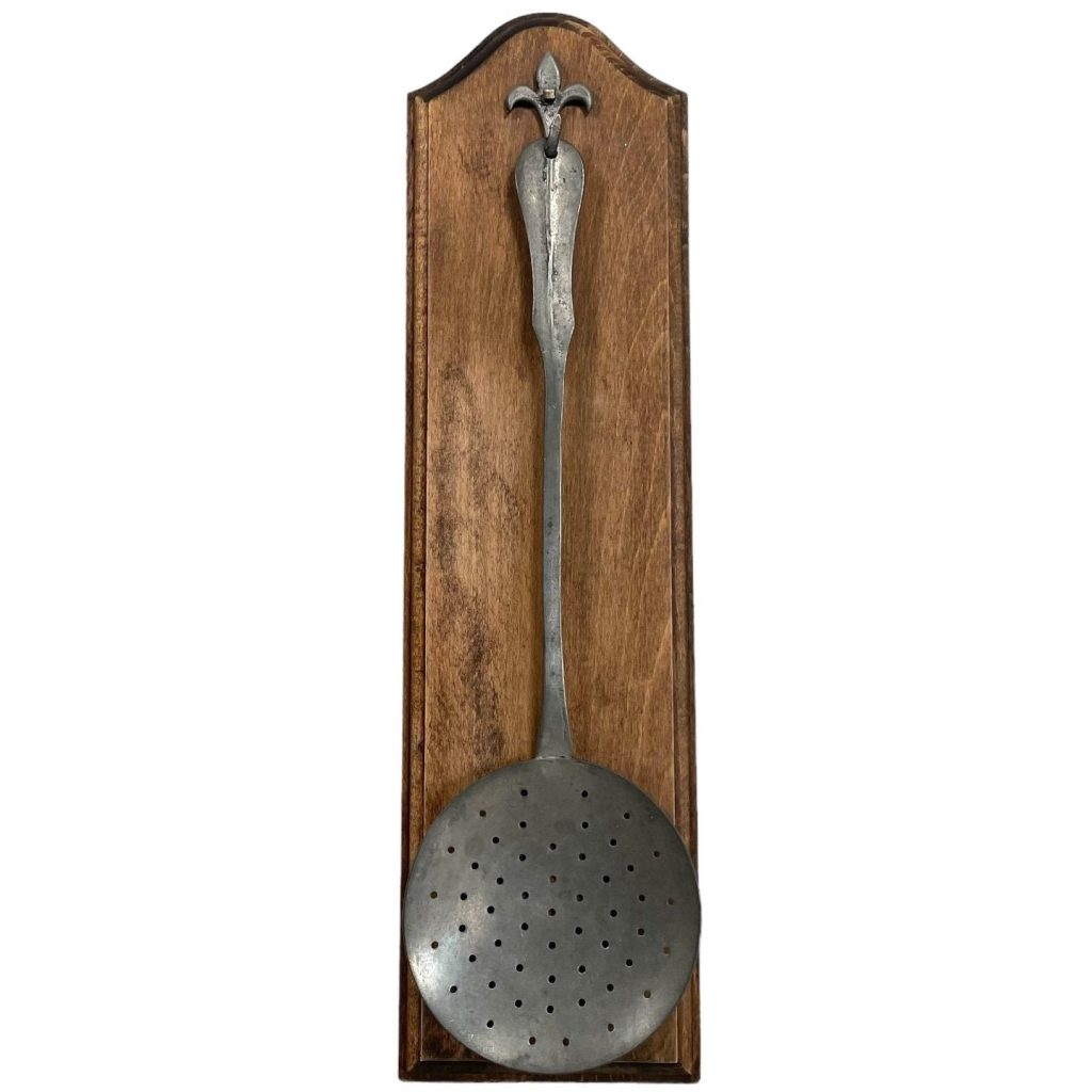 Vintage French Pewter Kitchen Sieve Serving Ladle Scoop Kitchen Tool Hanging Metal Hanger Decorative Display circa 1970-80's