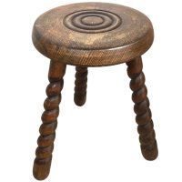 Vintage Stool French Twisty Spiral Bullseye Target Tripod Tabouret Table Wooden Wood Chair Seat Side Stand Pot Display circa 1950-60's
