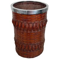 Vintage Thai Asian Wicker Woven Bamboo Waste Paper Basket Bin Desk Trash Can Open Wood circa late 1960-70's