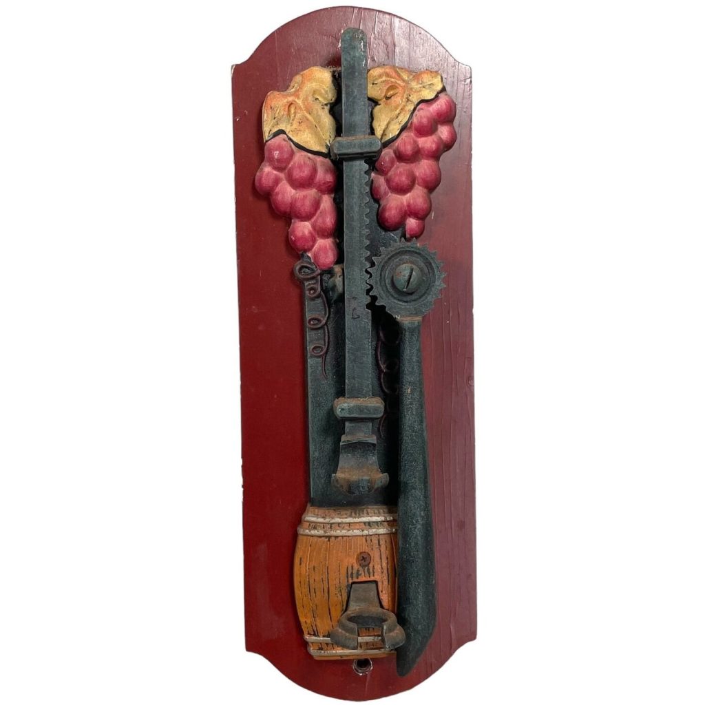 Vintage French Wall Mounted Metal Wooden Corkscrew Cork Puller Bottle Opener Bar Cafe Restaurant Decor circ 1990-00's