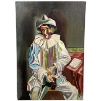Vintage French Clown Acrylic Painting On Canvas Wall Decor Decoration Portrait Man Pierrot Assis c1982