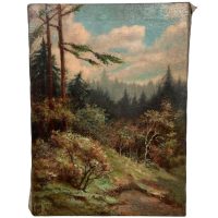 Vintage French Trees Tree Woodland Field Border Hedgerow Mountains Oil Painting On Canvas circa 1950's