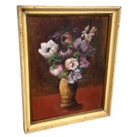 Alternative view of Vintage French Still Life Purple Flowers Study Acrylic Painting On Board Framed Unsigned circa 1950-60's