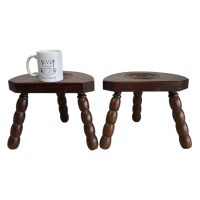 Alternative view of Vintage Stool French Brittany Breton Wooden Milking D Shaped Seat Bobbin Leg Plant Rest Stand Plinth Tabouret c1960's