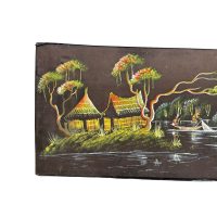 Alternative view of Vintage African Tropical Forest Hut Jungle Tribal Boats Fishing Painting Acrylic Trees On Fabric Signed c1980-90's