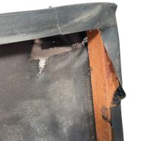 Alternative view of Vintage African Tropical Forest Hut Jungle Tribal Walking Hunting Painting Acrylic Trees On Fabric Signed c1980-90's