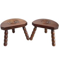 Vintage Stool French Brittany Breton Wooden Milking D Shaped Seat Bobbin Leg Plant Rest Stand Plinth Tabouret c1960's