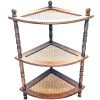 Vintage French Corner Shelf Rattan Cane Weave Triple Wood Plinth Stand Display Rest Plant Side c1980-90's