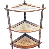 Vintage French Corner Shelf Rattan Cane Weave Triple Wood Plinth Stand Display Rest Plant Side c1980-90's