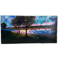 Vintage French River Sunset Painting Oil On Stretched Canvas Unsigned circa 2000 Vintage French River Sunset Painting Oil On Stretched Canvas Unsigned circa 2000