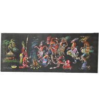 Vintage African Tropical Forest Hut Jungle Tribal Dancing Fireside Painting Acrylic Trees On Fabric Signed c1980-90's