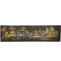 Vintage African Tropical Forest Hut Jungle Tribal Boats Fishing Painting Acrylic Trees On Fabric Signed c1980-90's