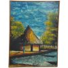 Vintage African Tropical Forest Hut Jungle River Boats Painting Acrylic Skyline Bushes Trees Scenic On Canvas Signed c1950-60's
