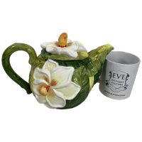 Alternative view of Vintage English Flower Design Ceramic Tea Pot Teapot Green White Ornament Serving Display c1980's