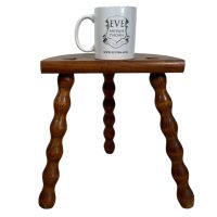 Alternative view of Vintage French Stool Chair Seat Wooden Milking Kitchen Table D Shaped Seat Bobbin Leg Plant Rest Stand Plinth Tabouret c1960-70's