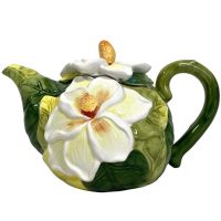Vintage English Flower Design Ceramic Tea Pot Teapot Green White Ornament Serving Display c1980's