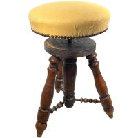 Vintage French Adjustable Wooden Wood Yellow Cushioned Piano Stool Work Small Chair Seat Tabouret circa 1950's