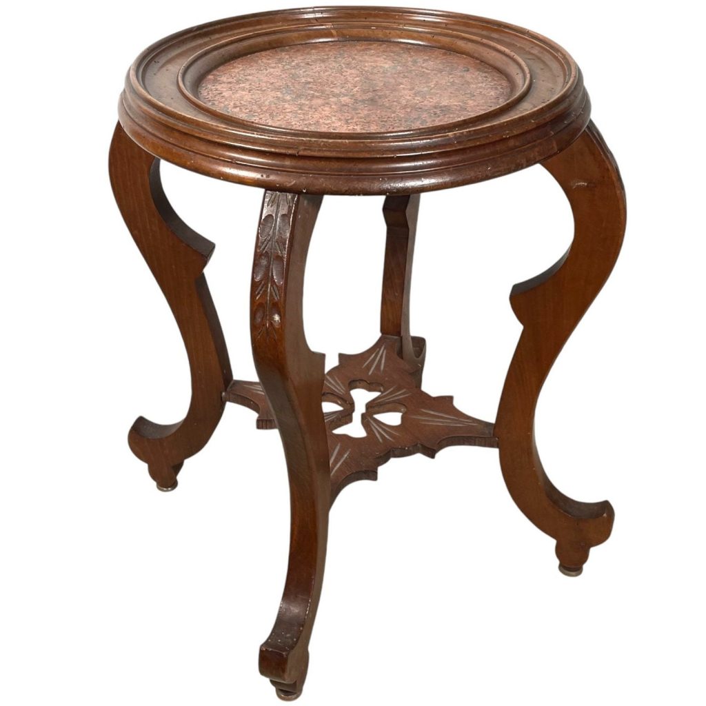 Vintage French Stone Topped Ornate Square Double Shelf Table Wooden Brown Display Rest Plinth Plant Pot Side Tabouret c1950's