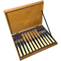 Antique English Mappin Webb Silver Bone Fish Knifes Forks Wooden Cased Cutlery Silverware Hallmarked circa 1910's