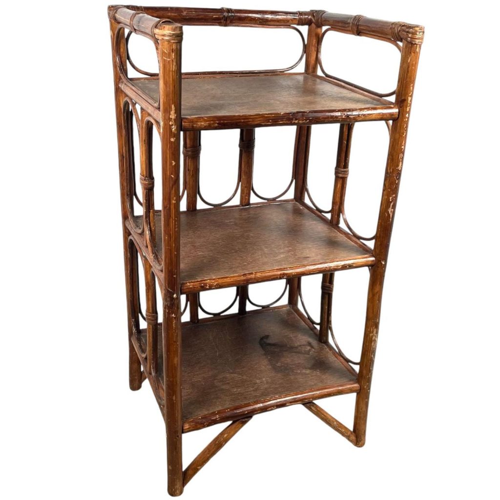 Vintage French Wooden Wood Pole Three Tier Standing Small Shelf Shelving Unit Weathered Worn Damaged circa 1970-80's