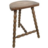 Vintage French Stool Chair Seat Wooden Milking Kitchen D Shaped Seat Braced Bobbin Leg Plant Rest Stand Plinth Tabouret c1960-70's