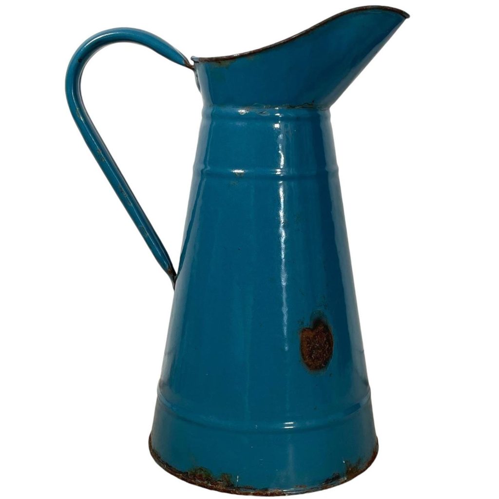 Vintage French Enamelled Worn Metal Blue Watering Water Milk Jug Can Carafe Pitcher Vase circa 1940-50's