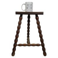 Alternative view of Vintage French Stool Chair Seat Wooden Milking Kitchen D Shaped Seat Braced Bobbin Leg Plant Rest Stand Plinth Tabouret c1960-70's