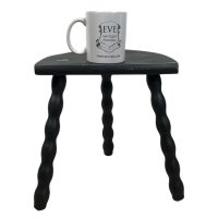 Alternative view of Vintage French Wooden Bobbin Leg Milking Stool Painted Black Seat Table Farm D Shaped Seat Plant Rest Stand Plinth Tabouret c1960's