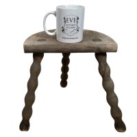 Alternative view of Vintage French Wooden Bobbin Leg Milking Stool Chair Seat Table Farm D Shaped Seat Plant Rest Stand Plinth Tabouret c1960's