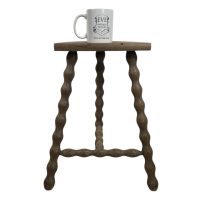 Alternative view of Vintage Stool French Medium Wooden Wood Bar Chair Seat Kitchen Table Farm D Shaped Seat Braced Tabouret c1960-70's