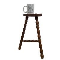 Alternative view of Vintage Stool French Medium Wooden Wood Bar Chair Seat Kitchen Table Farm D Shaped Seat Braced Tabouret c1960-70's