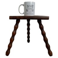 Alternative view of Vintage French Small Wooden Bobbin Leg Milking Stool Chair Seat Table Farm D Shaped Seat Plant Rest Stand Plinth Tabouret c1960's