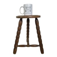 Alternative view of Vintage French Stool Chair Seat Wooden Milking Kitchen Round Shaped Seat Braced Bobbin Leg Plant Rest Stand Plinth Tabouret c1970's