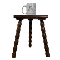 Alternative view of Vintage French Wooden Bobbin Leg Milking Stool Chair Seat Table Farm D Shaped Seat Plant Rest Stand Plinth Tabouret c1970's