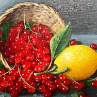 Alternative view of Vintage French Acrylic Painting Of Redcurrants Lemon Basket Wall Hanging Decor Display B Rousselon c1970's