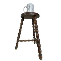 Alternative view of Vintage French Stool Chair Seat Wooden Milking Kitchen Round Shaped Seat Braced Bobbin Leg Plant Rest Stand Plinth Tabouret c1960's