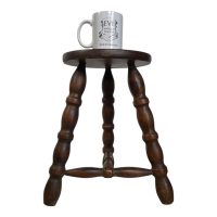Alternative view of Vintage French Stool Chair Seat Wooden Milking Kitchen Round Shaped Seat Braced Bobbin Leg Plant Rest Stand Plinth Tabouret c1960's